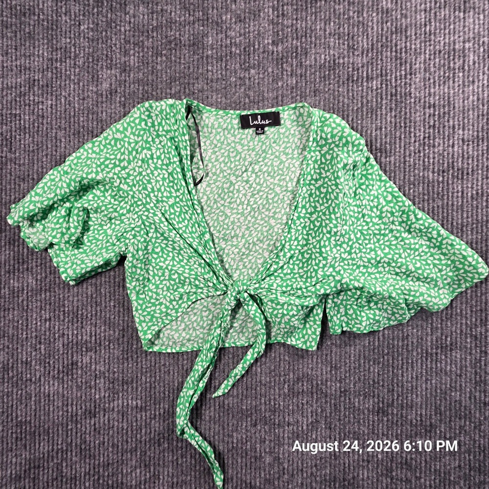 Lulus Green White Floral Tie Front Crop Top Short Flutter Sleeve Blouse Small